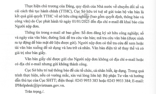 Cục Sở hữu trí tuệ trả kết quả qua email cho văn bản ban hành từ 01/01/2025